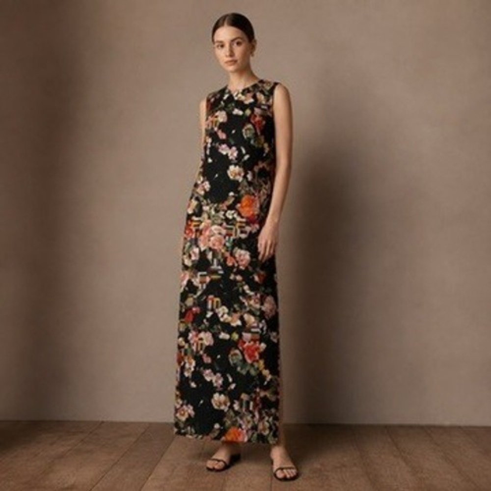Paul Smith Maxi Dress Women 42 Black Floral Geometric Abstract